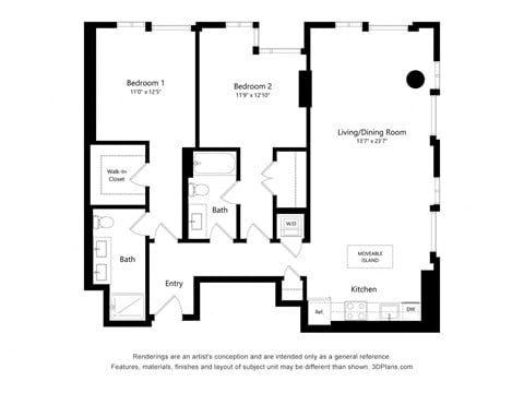 Floor plan for 2 beds, 2 baths, 1210 sqft